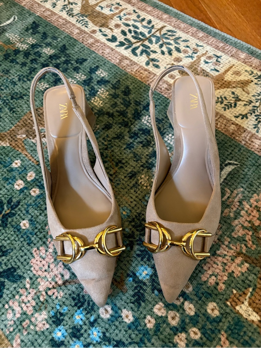 Zara beige faux suede slingback block heels, 7.5